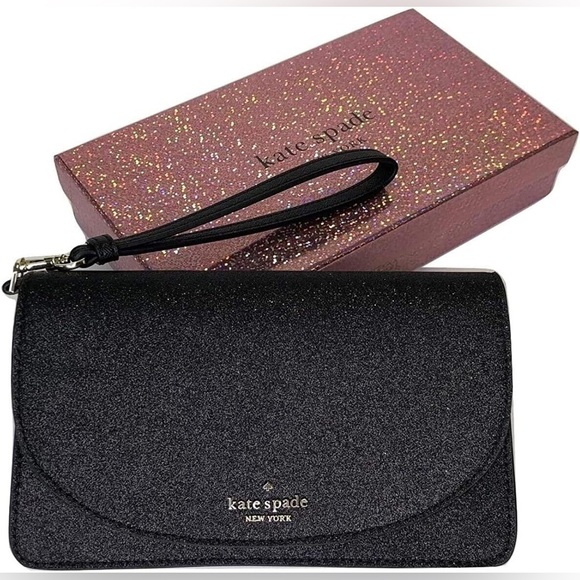 KATE SPADE NWT Joeley Multifunction Wristlet Wallet Black Sparkle Leather IN BOX - Picture 1 of 15